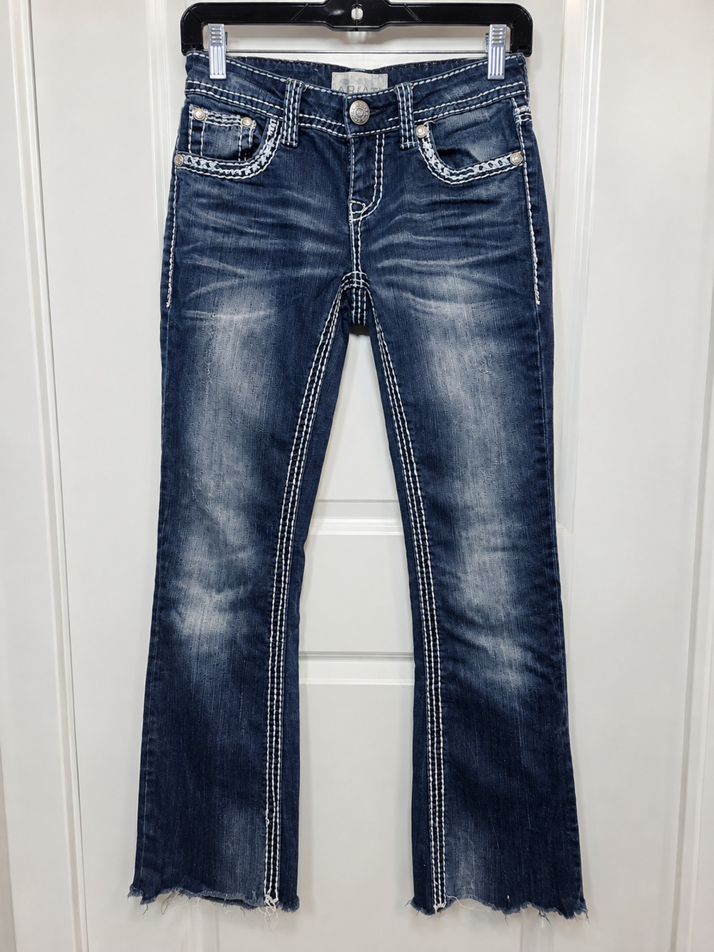 Y2K Charme Distressed Flare Jeans Womens 25 Blue Contrast Stitch Raw Hem Western